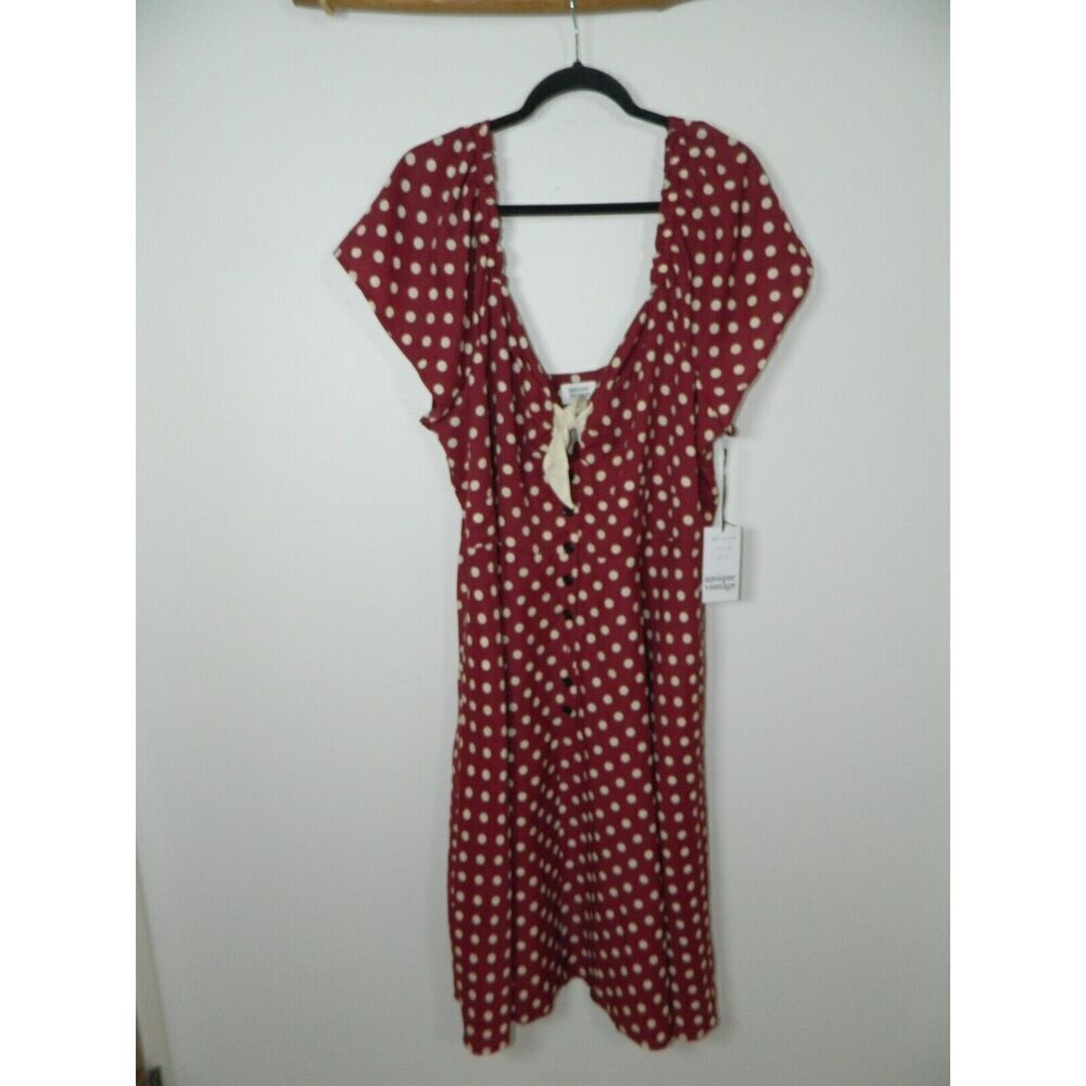 Unique Vintage Dress Plus Size 3X Burgundy White Polka Dot Flowy Retro Pin Up‎